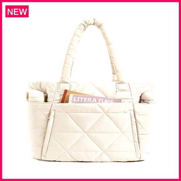 Large Quilted Puffer Tote Bag with Zipper, Multi-Pocket Travel Work Gym Bag